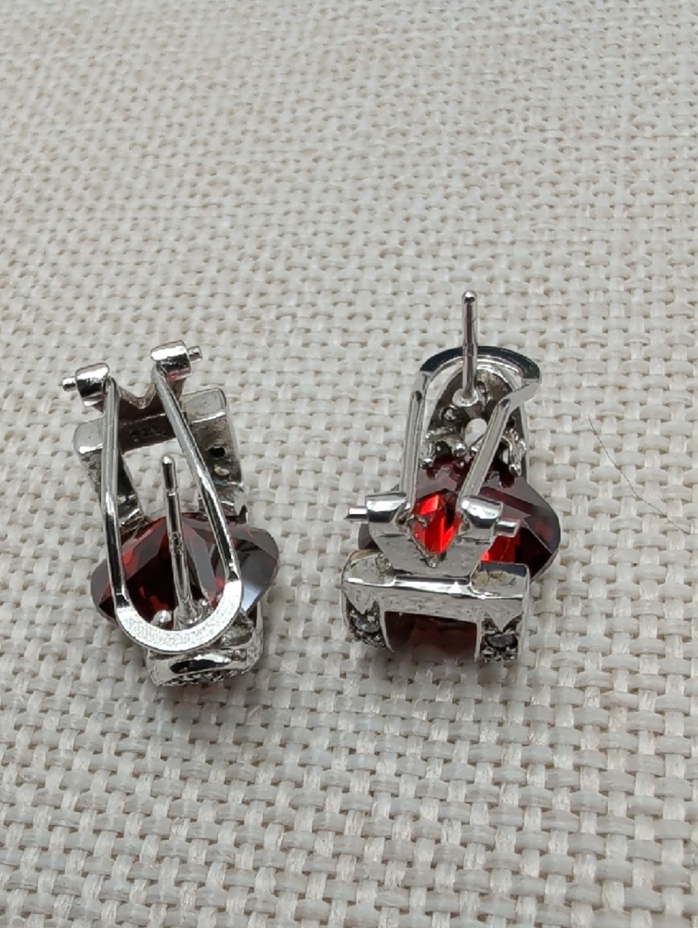 Vintage 925 Sterling Silver Garnet Half Hoop Lever Back Earrings - Picture 11 of 17
